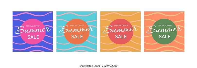 Abstract summer sale banners in trendy bright colors with discount text. Season promotion vector illustration.