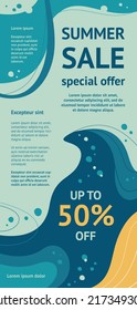 Abstract summer sale frame. Blue, turquoise abstract background. Template, banner, flyer for your design. Vector illustration in flat style.