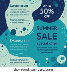 Abstract summer sale frame. Blue, turquoise abstract background. Template, banner, flyer for your design. Vector illustration in flat style.