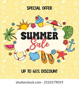 Abstract Summer Sale poster with hand drawn holiday symbols. Vector illustration