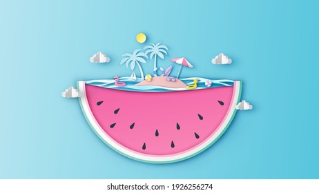 Abstract of summer sea design in the shape of watermelon slice. Sea island design in watermelon. Graphic design for Summer. paper cut and craft style. vector, illustration.