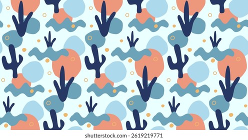 Abstract Summer Seamless Pattern with Corals and Waves. Illustration. vector.