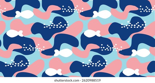 Abstractas patrón de verano sin fisuras con peces y olas