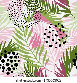 Resumen del patrón fluido del verano. Fondo floral y geométrico con triángulos, hojas de palma, doodle, textura gradiente, formas de los años 90, arte pop, elementos memphis. Ilustración natural dibujada por mano