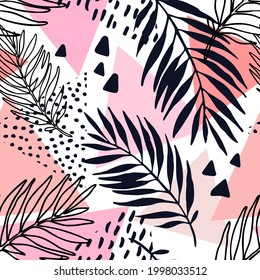 Abstract summer seamless pattern. Floral and geometric background with triangles, palm leaves, doodle, minimal texture, 80s 90s shapes, pop art, memphis elements. Hand drawn natural illustration