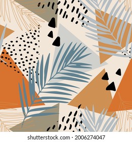 Abstract summer seamless pattern. Floral and geometric background with triangles, palm leaves, doodle, minimal texture, 80s 90s shapes, pop art, memphis elements. Hand drawn natural illustration