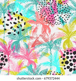 Abstract summer seamless pattern. Floral and geometric background with triangles, palm trees, doodle, gradient texture, 80s 90s shapes, pop art, memphis elements. Hand drawn natural illustration