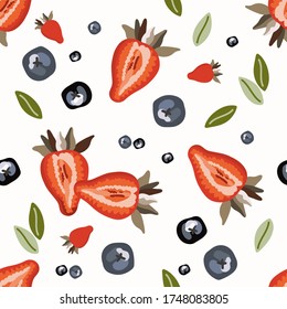 Abstract Summer seamless pattern with fruit and breakfast food. Vector illustration. Good for recipe book, banner, logo, paper.