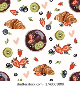 Abstract Summer seamless pattern with fruit and breakfast food. Vector illustration. Good for recipe book, banner, logo, paper.