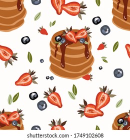 Abstract Summer seamless pattern with fruit and breakfast food. Vector illustration. Good for recipe book, banner, logo, paper.