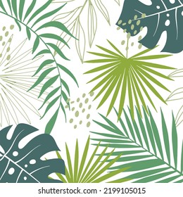 Abstract summer seamless pattern. green Floral and geometric background with triangles, palm leaves, doodle, gradient texture, 80s 90s shapes, pop art, memphis elements. 
