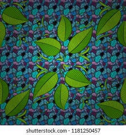 Abstract summer seamless pattern. Hand drawn natural illustration. Leaves on blue, green and black background.Vector. Floral background, palm leaves, doodle, 80s 90s shapes, pop art, memphis elements.