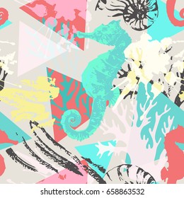 Abstract summer seamless pattern in marine style. Underwater ocean wildlife and geometric background with triangles, corals, seahorse, grunge texture, splashes in retro colors. Hand drawn illustration