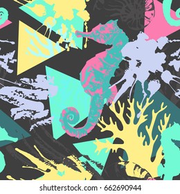 Abstract summer seamless pattern in marine style. Underwater ocean wildlife and geometric background with triangles, corals, seahorse, grunge texture, splashes in retro colors. Hand drawn illustration