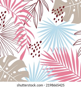 Abstract summer seamless pattern. pink Floral and geometric background with triangles, palm leaves, doodle, gradient texture, 80s 90s shapes, pop art, memphis elements. 