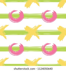 Abstract summer seamless pattern with yellow crosses, pink circles and green lines. A good idea for printing on fabrics, gift paper and promotional items.
