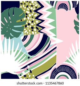 Abstract summer seamless pattern.Leaf and shell drawing.Summer elements vector print.