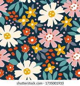 Abstract summer silhouette seamless pattern with leaves and bright flowers on a blue background. Hand drawn fabric, gift wrap, wall art design in vector.