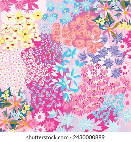 Abstract summer silhouette seamless pattern with leaves and bright flowers on a blue background. Hand drawn fabric, gift wrap, wall art design in vector. Summer wildflowers, floral seamless pattern 