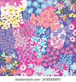 Abstract summer silhouette seamless pattern with leaves and bright flowers on a blue background. Hand drawn fabric, gift wrap, wall art design in vector. Summer wildflowers, floral seamless pattern 