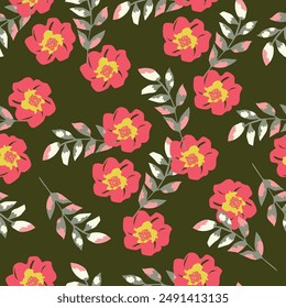 Abstract summer silhouette seamless pattern with leaves and bright flowers on a blue background. Hand drawn fabric, gift wrap, wall art design in vector.