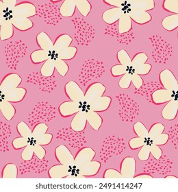 Abstract summer silhouette seamless pattern with leaves and bright flowers on a blue background. Hand drawn fabric, gift wrap, wall art design in vector.