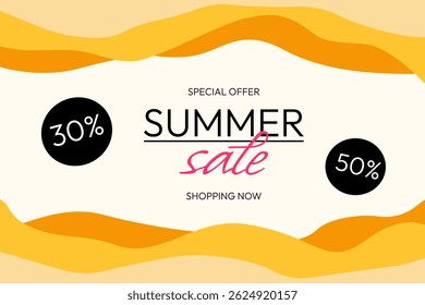 Abstract summer special offer sale banner in bright yellow colors with discount text. Season promotion vector illustration.