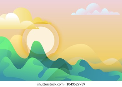 Abstract summer or spring landscape, vector hand drawn illustration. Green mountains and sun on sky. Nature horizontal background with copy space.