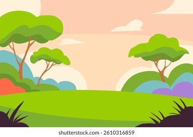 Abstract summer, spring nature landscape with cartoonish drawing of a lush green field with trees in the background. Colorful flat vector illustration