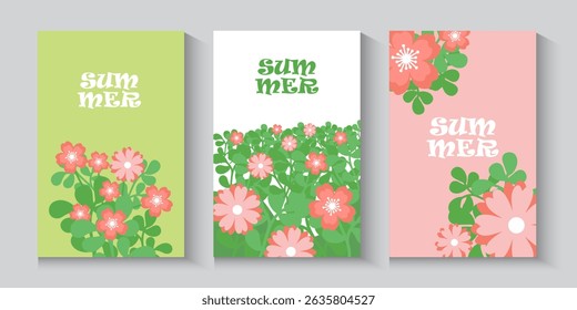Abstract summer or spring poster or card set in art style with trees leaves  flowers on the palms, surfboard, sea, seashells on pastel colour and blue. Trendy summer design for branding, ads, print.