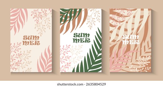 Abstrato verão ou cartaz primavera ou cartão definido em estilo de arte com árvores folhas flores nas palmas, prancha de surf, mar, conchas na cor pastel e azul. Design moderno de verão para marcas, anúncios, impressão.