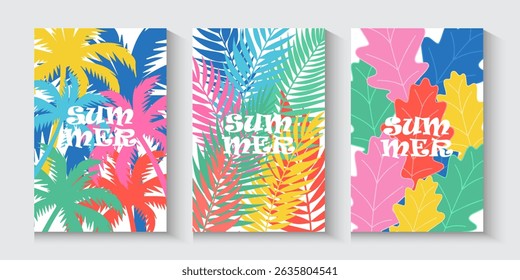 Abstract summer or spring poster or card set in art style with trees leaves  flowers on the palms, surfboard, sea, seashells on pastel colour and blue. Trendy summer design for branding, ads, print.