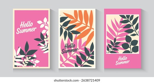 Abstract summer or spring poster or card set in art style with trees leaves flowers on the palms, surfboard, sea, seashells on pastel colour and blue. Trendy summer design for branding, ads, print