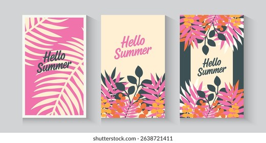 Abstract summer or spring poster or card set in art style with trees leaves flowers on the palms, surfboard, sea, seashells on pastel colour and blue. Trendy summer design for branding, ads, print