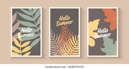 Abstract summer or spring poster or card set in art style with trees leaves flowers on the palms, surfboard, sea, seashells on pastel colour and blue. Trendy summer design for branding, ads, print