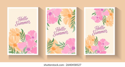Abstract summer or spring poster or card set in art style with trees leaves flowers on the palms, surfboard, sea, seashells on pastel colour and blue. Trendy summer design for branding, ads, print