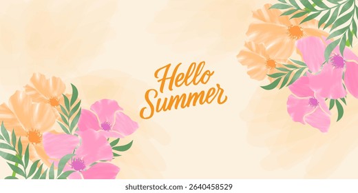 Abstract summer or spring poster or card set in art style with trees leaves flowers on the palms, surfboard, sea, seashells on pastel colour and blue. Trendy summer design for branding, ads, print