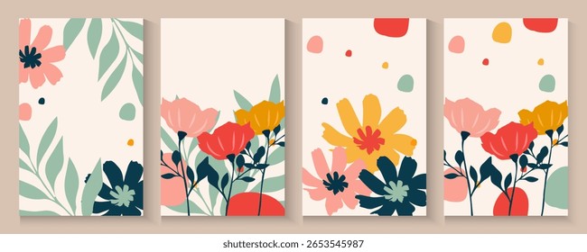 Abstraktes Sommer- oder Frühlingsplakat oder Kartenset im Kunststil mit Bäumen Blätter Blumen auf den Palmen, Surfbrett, Meer, Muscheln auf Pastellfarbe und blau. Trendy Sommer-Design für Branding, Anzeigen, Druck