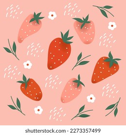 Abstract summer strawberry background. Various color combinations of strawberries, leaves and flowers, doodle. Flat design, hand drawn, banner, cover. Home decor pattern.  Vector illustration.