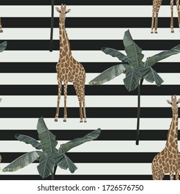 Resumen del fondo rayado del verano. Patrón tropical vintage sin inconfundible con palmera y jirafa. Ilustración vectorial. Estilo mínimo