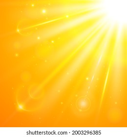 Abstract summer sunny sky. Realistic sunbeams in the upper right corner on a bright orange tropical sky. Vector background of daytime sunny desert sky with bokeh.