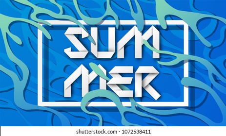 abstract summer text design with frame in paper art style on blue water surface background. paper cut and craft style. vector, illustration.