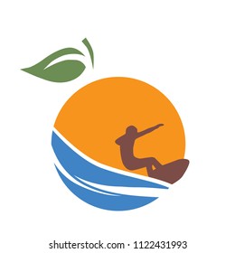 abstract summer theme, orange fruit with  tropical beach inside and wave surfer . logo icon
