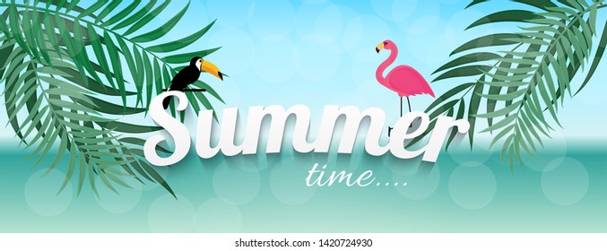 Abstract Summer Time Background with Flamingo and Toucan. Vector Illustration EPS10