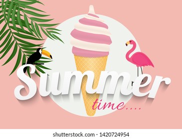 Abstract Summer Time Background with Flamingo and Toucan. Vector Illustration EPS10