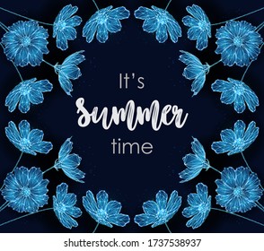 Abstract summer time card template with blue flowers. Low poly style design. Abstract geometric background. Wireframe light connection structure. Modern 3d graphic concept Isolated vector illustration