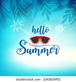 Abstrato Verão tempo vetor banner design com branco mão escrita texto e colorido praia elementos em fundo atraente.