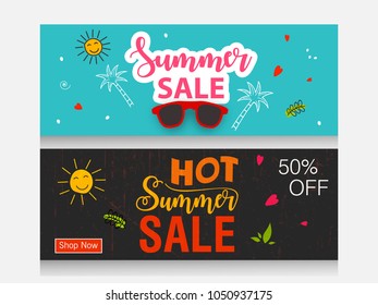 Abstract Summer time vector banner / header design with white hand written text and colorful beach elements in attractive background. editable Vector illustration.
