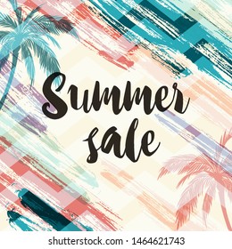 Abstract summer tropical background with coconut palms. Design for seasonal summer sale. Vector illustration
