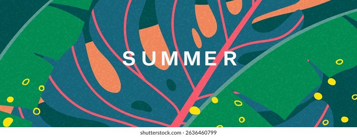 Abstract  summer tropical background with exotic leaves. Bright template banner with nature pattern. Vector illustration.
